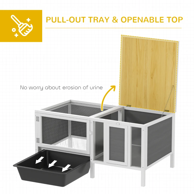 PawHut Klatka dla królików z drewna z wybiegiem, rampą, 3 wejściami, wysuwaną tacą, 105 x 57,5 x 51,5 cm Szary