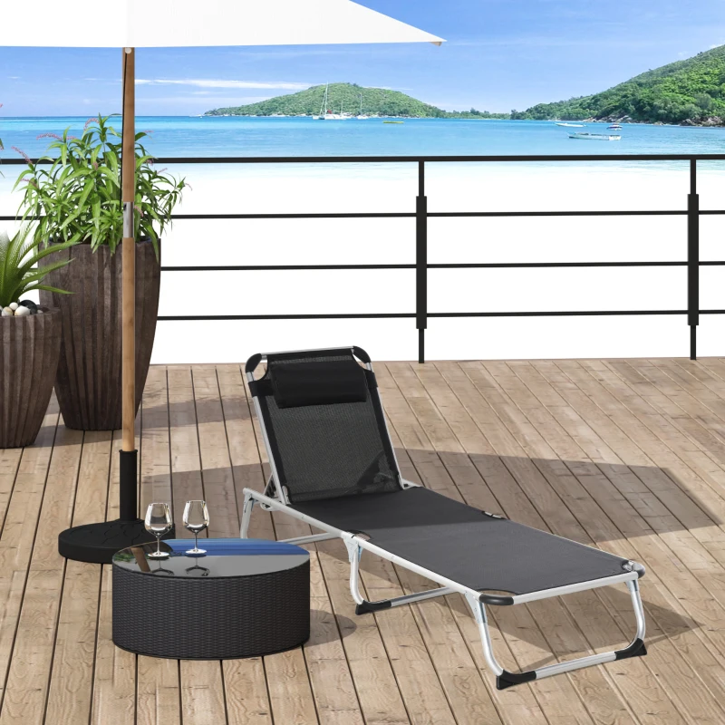 Outsunny Bain de soleil chaise longue pliante avec appuie-tête, transat inclinable en aluminium et textilène, transat jardin extérieur pour plage relax camping piscine terrasse, 165x60x76cm, noir