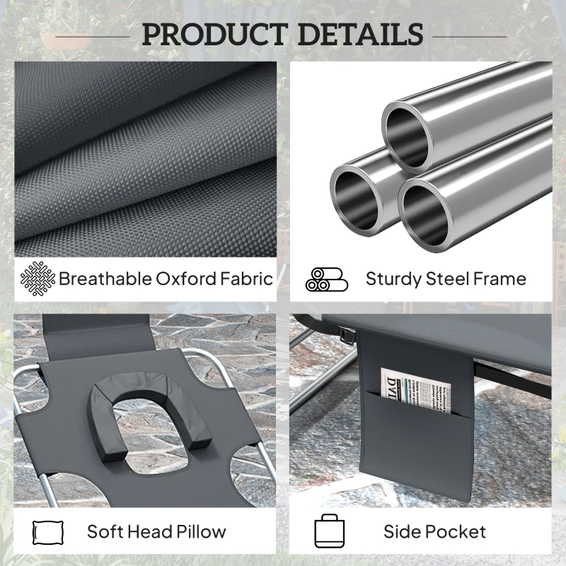 Outsunny 5-Position Adjustable Sun Loungers Set of 2 with Reading Hole and Side Pocket, Dark Grey