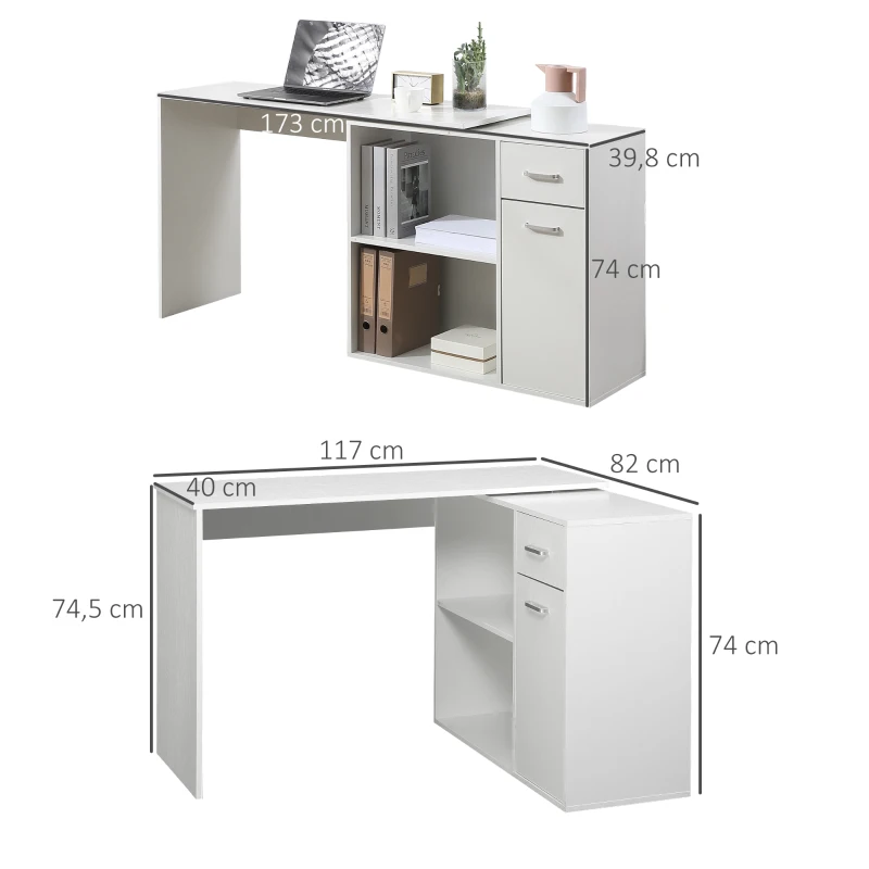 HOMCOM 180° drehbarer Eckschreibtisch, Computertisch, Regal, Schublade, Schrank, Arbeitsplatz, 117x82x74cm, weiß