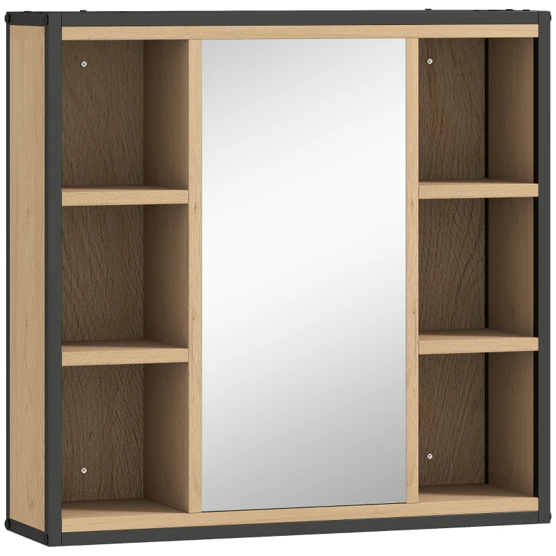 HOMCOM Armoire-miroir pour salle de bains, 6 compartiments ouverts, étagère 3 positions, montage mural, chêne