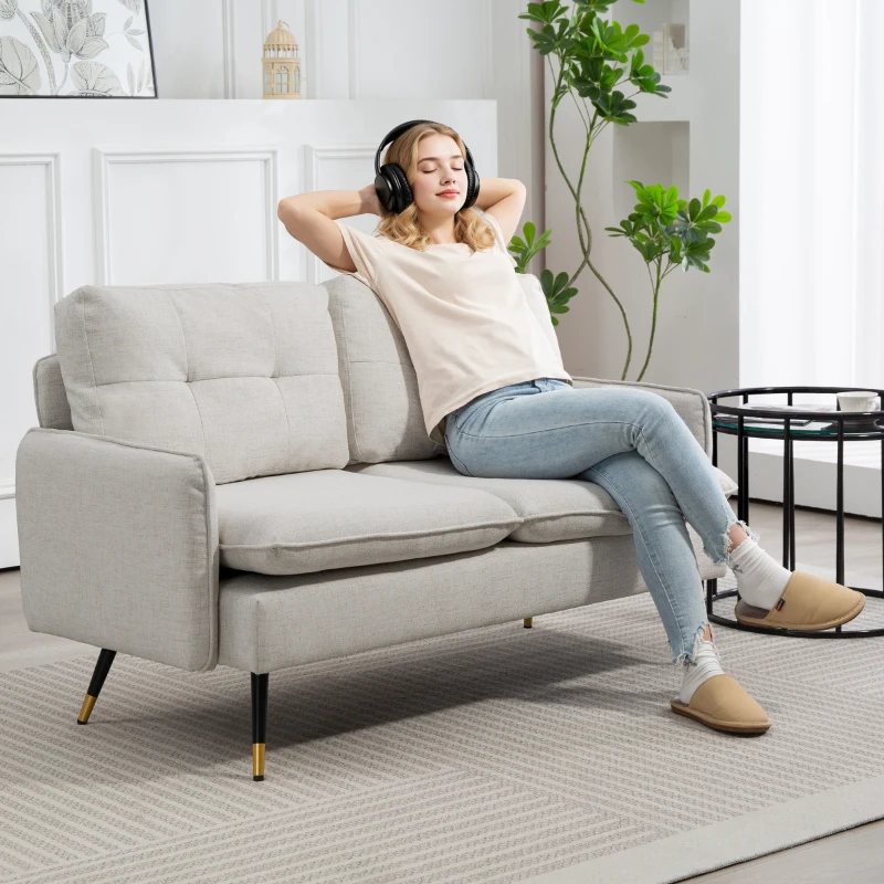 HOMCOM 2-Sitzer Sofa, Wohnzimmersofa, Kissen, gepolsterte Sitzfläche, gesteppte Rückenlehne, 139 x 68 x 80 cm, Creme