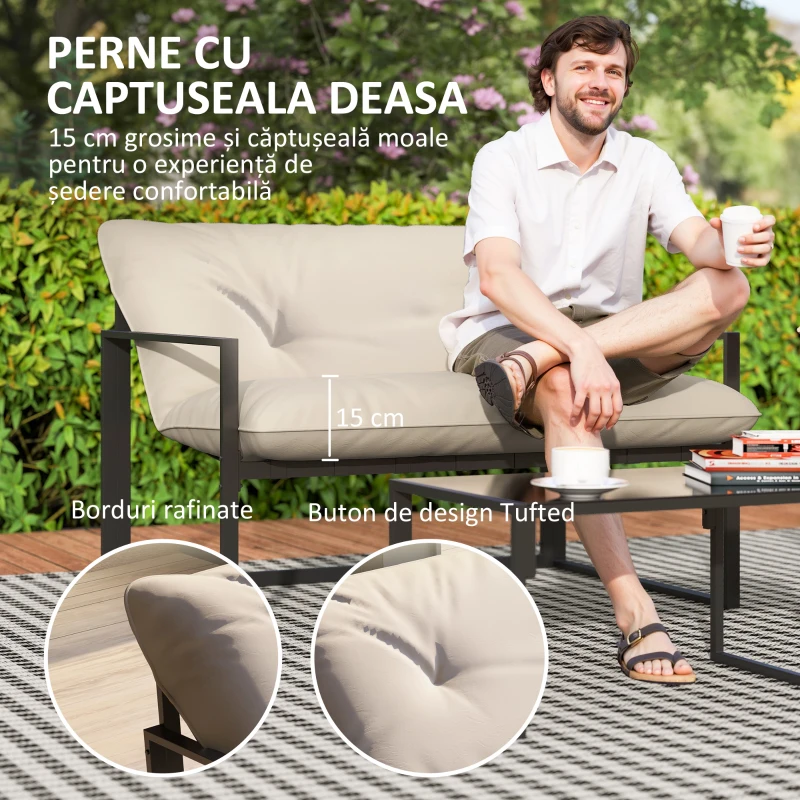 Outsunny Set de Mobilier de Grădină din 4 Piese cu Canapea, 2 Fotolii și Măsuță, din Oțel, Poliester și Bumbac PP, Bej și Gri
