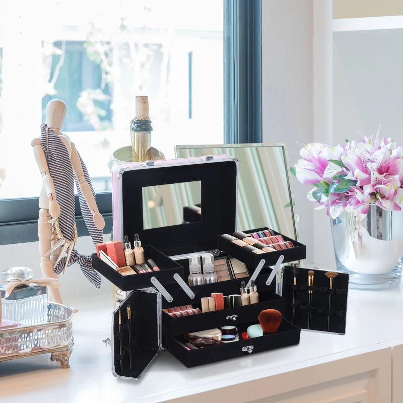HOMCOM Mallette de maquillage professionnelle cosmétique vanity beauté portable Divers compartiments 29x21x20cm Aluminium