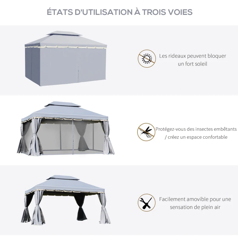 Outsunny Tonnelle de jardin extérieur 4 x 3 m, barnum avec toit double, rideaux et moustiquaire, tente de réception en aluminium, tonnelle pour terrasse patio mariage baptême, gris(m-4)