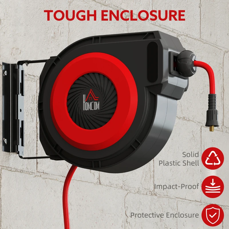 HOMCOM Szpula na wąż z mechanizmem zwijającym, 16,5 m długości węża, montaż ścienny, Czerwony+Czarny