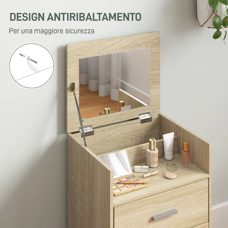 HOMCOM Tavolo da Trucco con Specchio a Ribalta, Cassetti e Sgabello, in Legno e Tessuto Effetto Lino, color Legno