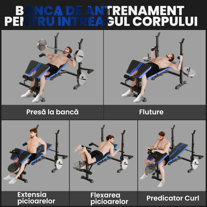 HOMCOM Bancă Multifuncțională Reglabilă cu Suport pentru Bară, Bancă de Greutăți din Oțel și Plastic, 175x139x127 cm, Negru