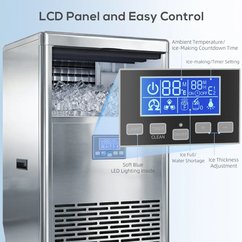 HOMCOM Komercyjna Maszyna do Lodu 45 kg/24H, Stal Nierdzewna, 15 kg Pojemności, Funkcja Samoczyszczenia, Srebrna