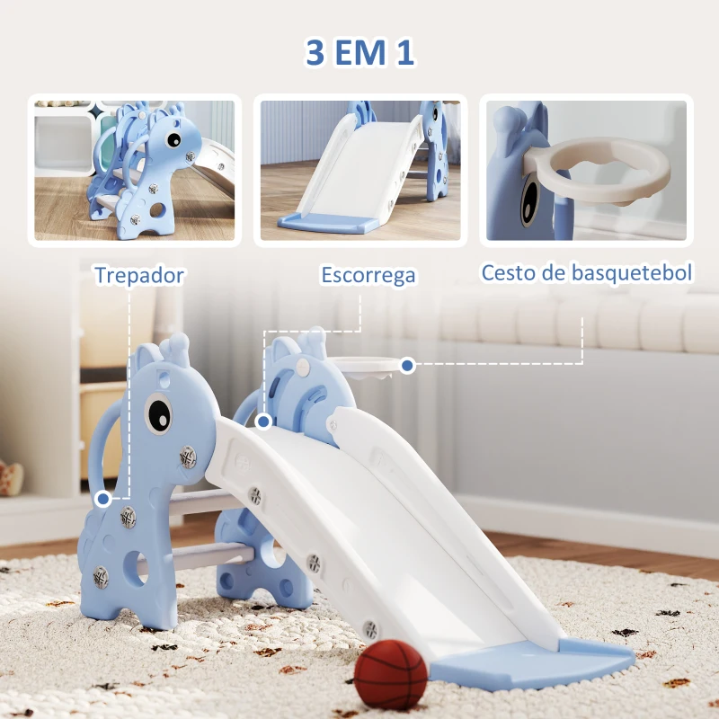 AIYAPLAY Escorrega para Crianças 3 em 1 com Escada Tabela de Basquetebol e Desenho de Girafa 106x51,5x52 cm Azul Claro