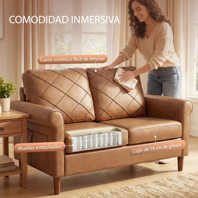 HOMCOM Sofá de 2 Plazas de PU con Patas de Madera Respaldo con Costuras Sofá Moderno para Salón Dormitorio Marrón