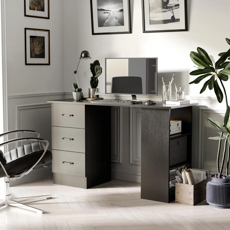 HOMCOM Bureau d'ordinateur avec 3 tiroirs et 3 étagères ouvertes, 120 x 49 x 72 cm, bureau avec rangement réversible, style moderne, table informatique pour chambre, petit espace, télétravail, noir