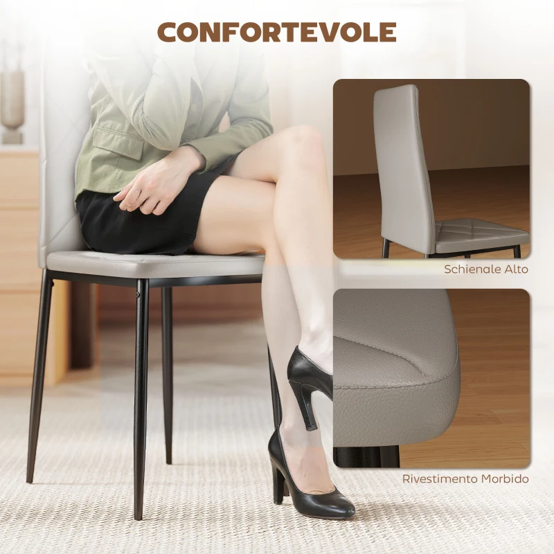 HOMCOM Set di 4 Sedie da Pranzo con Schienale Alto in Finta Pelle e Acciaio, 41x50x97cm, Grigio