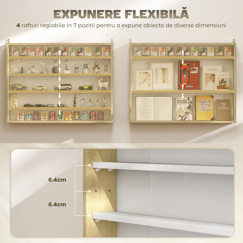 HOMCOM Vitrină de Colecție cu 4 Rafturi Reglabile din Lemn și Uși din Sticlă, 80x9,5x60 cm, Alb și Lemn