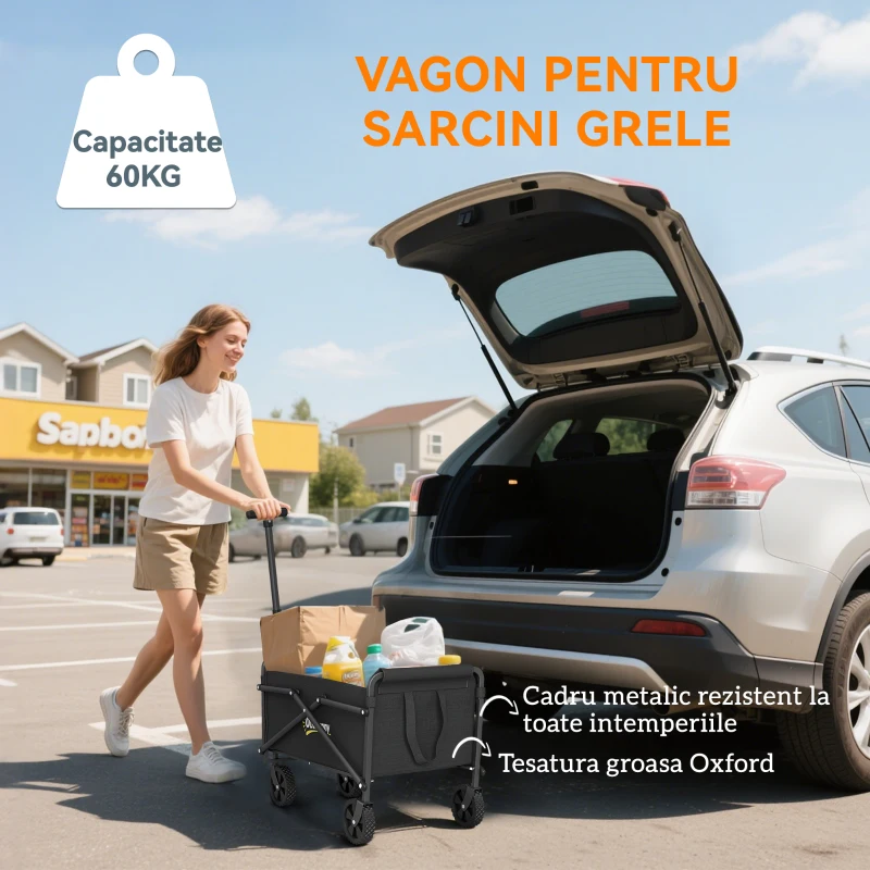 Outsunny Cărucior de Grădină Pliabil 41L cu 4 Roți, Trolley de Camping din Metal și Material Textil Oxford cu Geantă de Transport și Mâner Reglabil, Negru