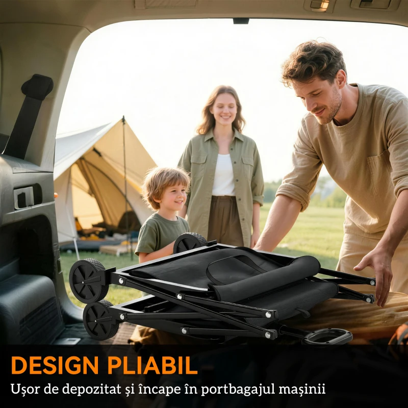 Outsunny Cărucior de Grădină 80L Pliabil cu Mâner Reglabil, din Metal și Țesătură Oxford, 78x47.5x92 cm, Negru