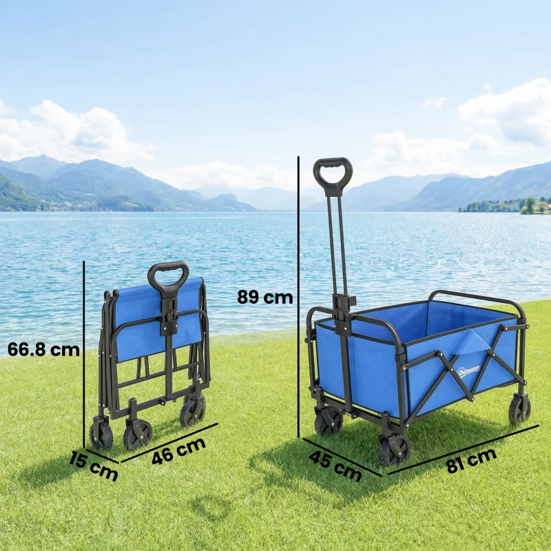 Outsunny Cărucior de grădină pliabil cu roţi mâner reglabil sarcină 68 kg pentru campanie cumpărături 81x45x89 cm albastru
