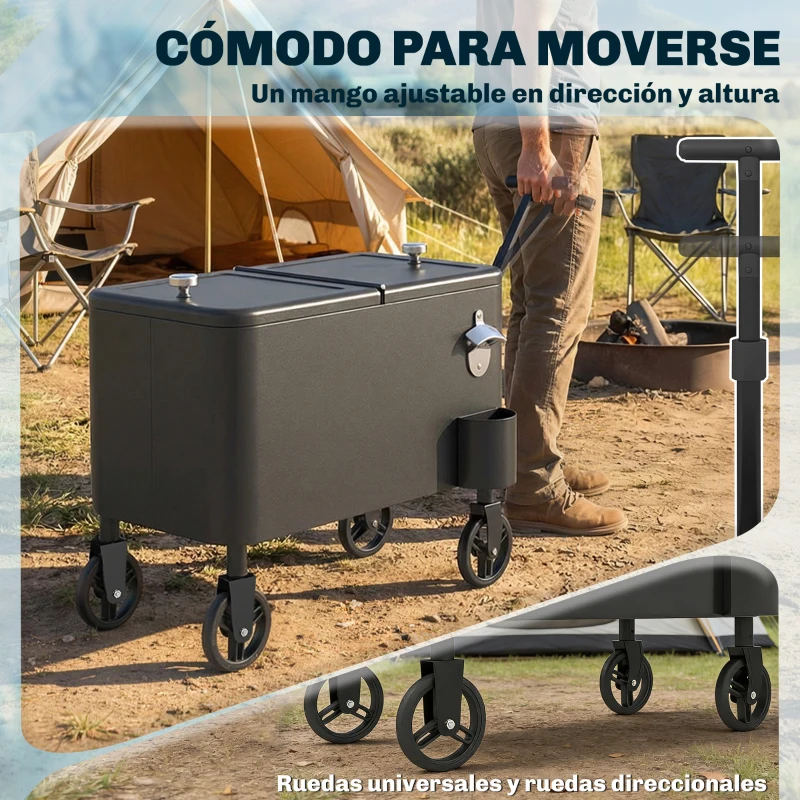 Outsunny Carrito Nevera de 56L con Ruedas Mango Ajustable Abrebotellas Recogetapas Drenaje y Asa 75x35x120 cm Negro