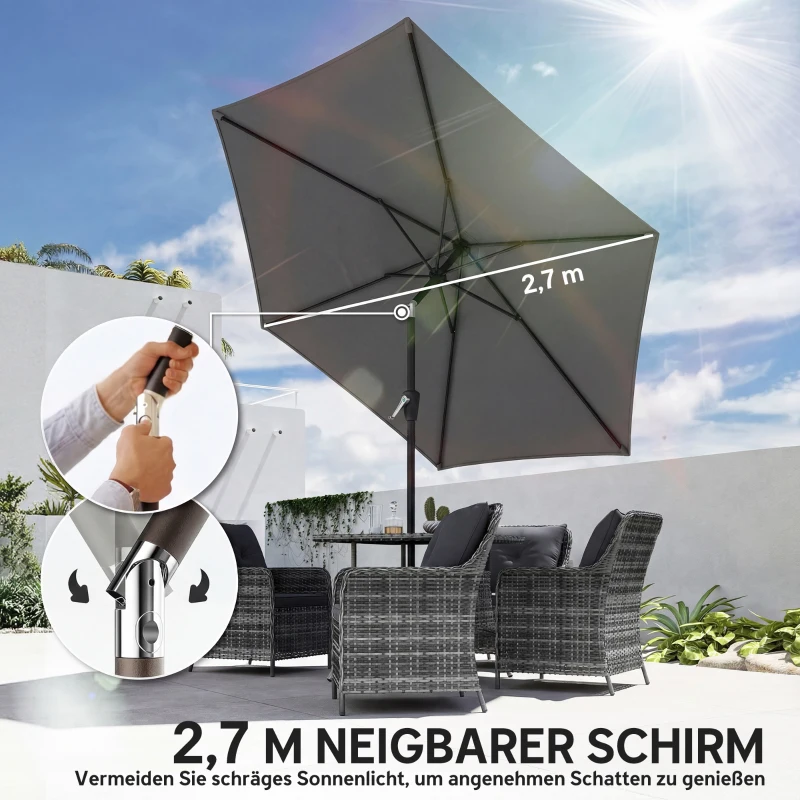 Outsunny Sonnenschirm 270 cm knickbar Balkonschirm mit Kurbel UV 50+ Gartenschirm Dunkelgrau