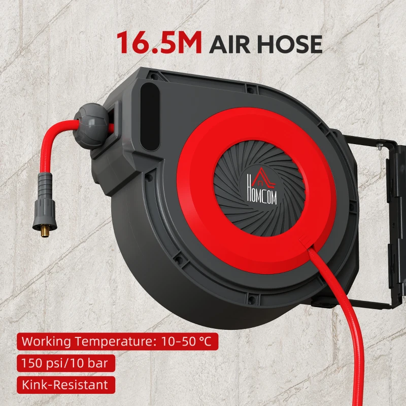 HOMCOM Szpula na wąż z mechanizmem zwijającym, 16,5 m długości węża, montaż ścienny, Czerwony+Czarny