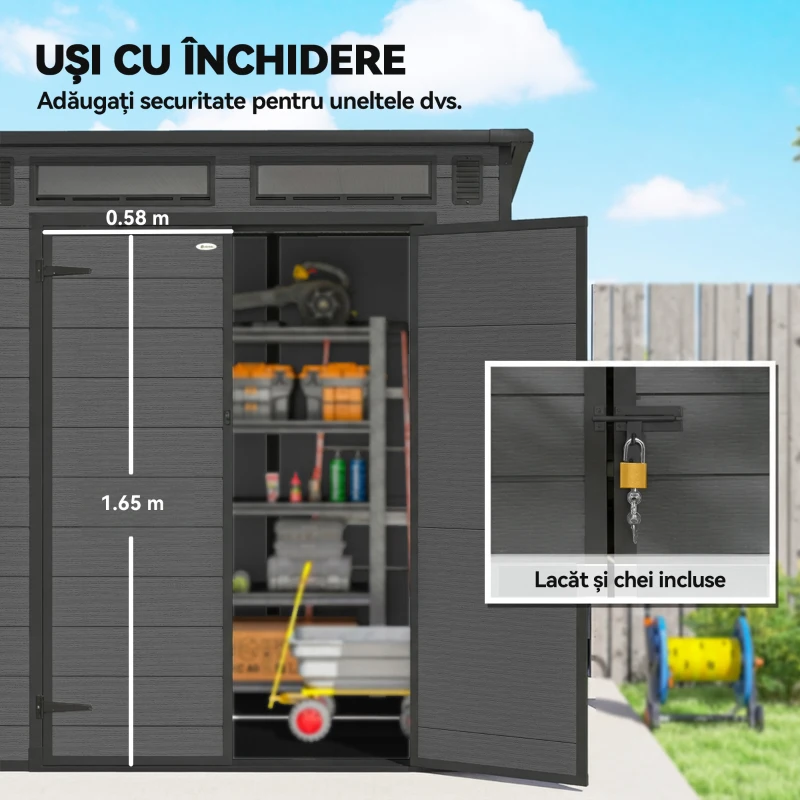 Outsunny Magazie de Grădină 2.89m² din PP și Aluminiu cu Podea, Depozit Grădină cu Uși Duble cu Încuietoare, Aerisiri, 3 Ferestre, Acoperiș Înclinat, Mănuși, Gri Închis