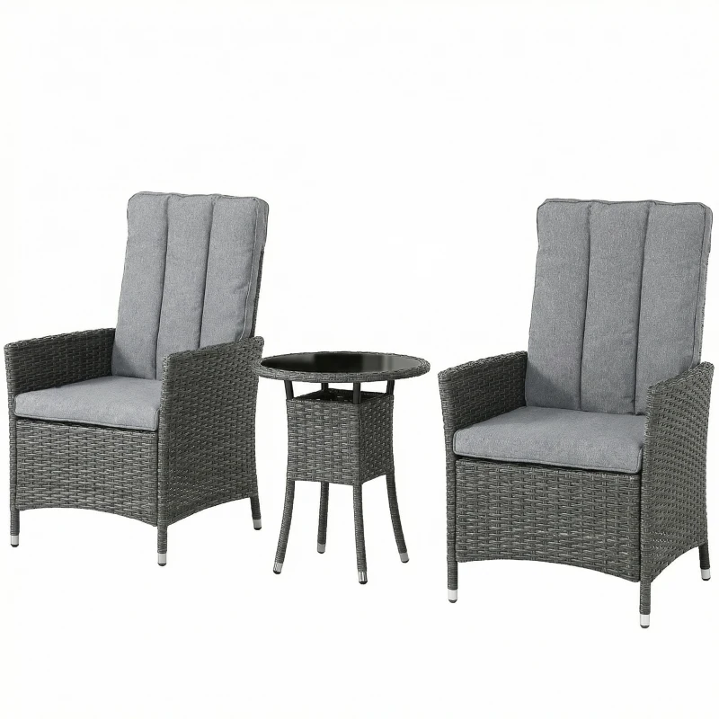 Outsunny Rattan Bistro Set, Reclining Garden Chairs and Glass Coffee Table with Cushions for Patio Balcony Porch, Grey