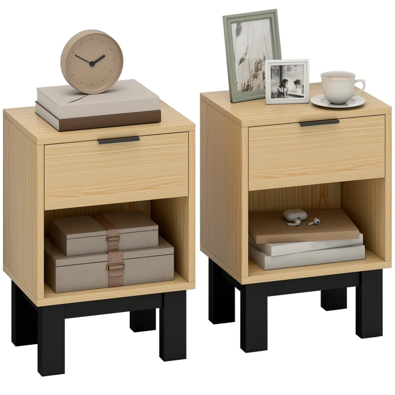 HOMCOM Set aus 2 schmalen Nachttischen Moderne Nachttische mit Schublade Offenes Fach 35x26x50 cm Eiche