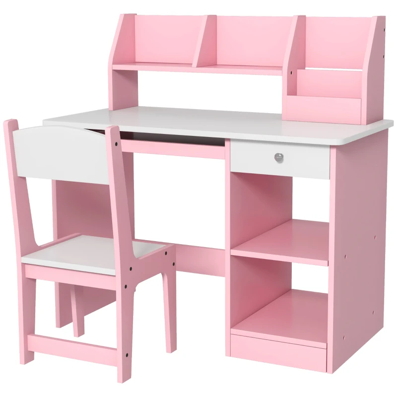 ZONEKIZ Kinderschreibtisch mit ergonomischem Stuhl mit ausziehbarer Tastaturablage, Schublade, Nischen und offenen Regalen 90 x 45 x 90 cm Rosa