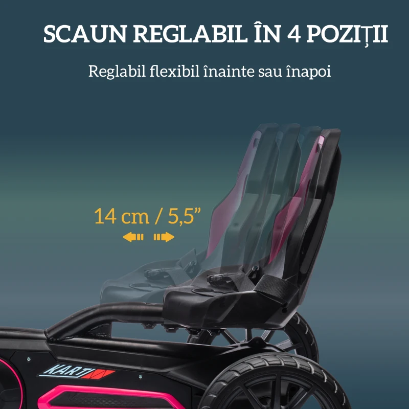 HOMCOM Go Kart cu pedale, mașină pentru copii, scaun reglabil, roz și negru