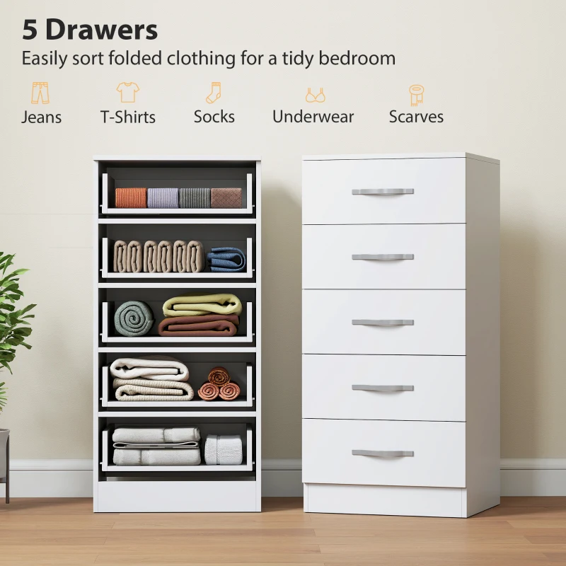 HOMCOM Komoda z 5 szufladami, szafka na ubrania i przybory, płyta wiórowa, biała