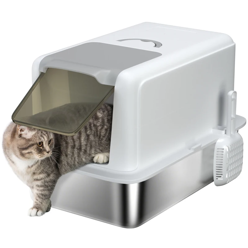 PawHut Stainless Steel Cat Litter Box with Removable Lid, Scoop, Filter Bags, for Larger Cats, White