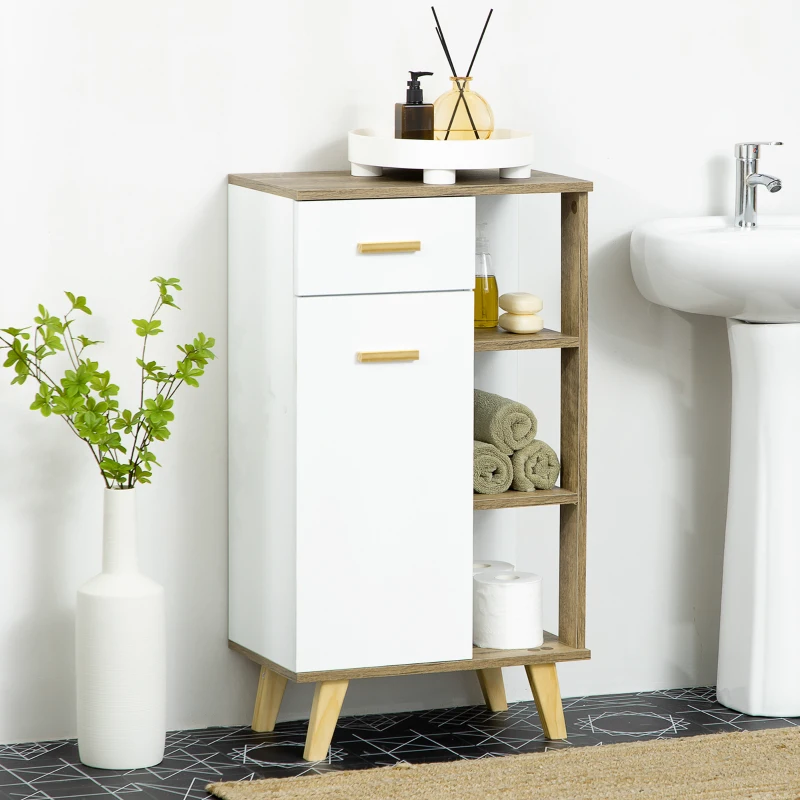 kleankin Meuble bas de salle de bain style scandinave 1 tiroir 1 placard et 3 étagères - 50 x 30 x 89 cm - blanc et naturel
