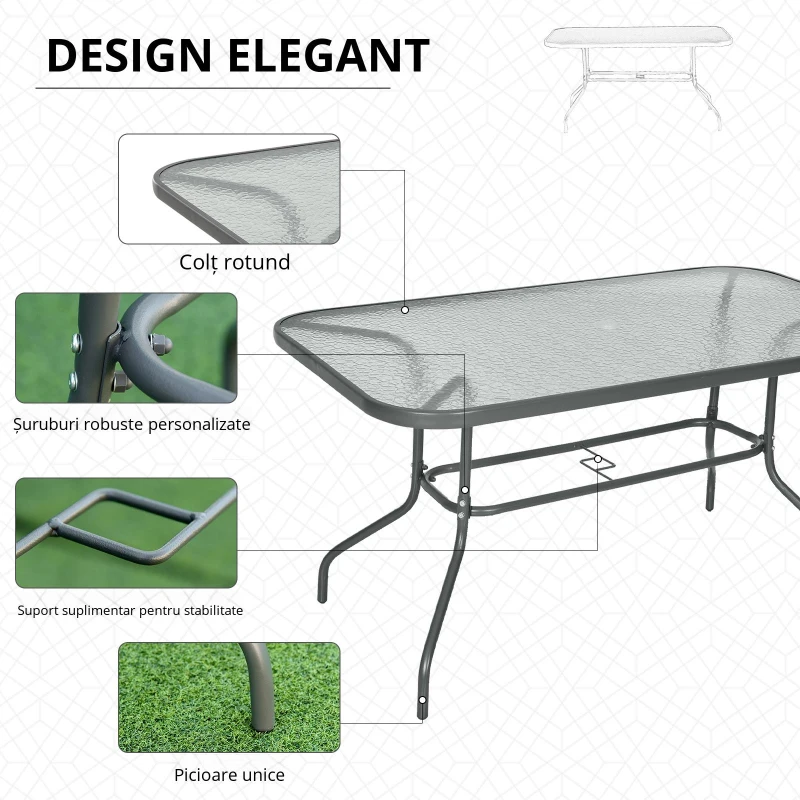 Outsunny Masa de Exterior din Metal si Sticla Temperata cu Orificiu pentru Umbrela 140x80x70cm
