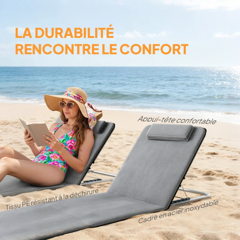 Outsunny Lot de 2 Tapis de Plage rembourré - lot de 2 Matelas de Plage - nattes de Plage - Dossier inclinable Multi-Positions - Sac Transport Inclus - métal Polyester PE Gris