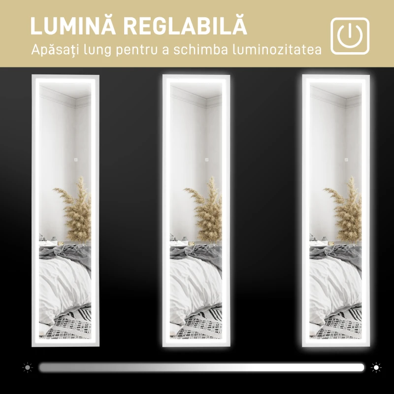 HOMCOM Oglindă iluminată cu lumini LED reglabile și buton tactil, din sticlă și MDF, 40x5x160 cm, albă