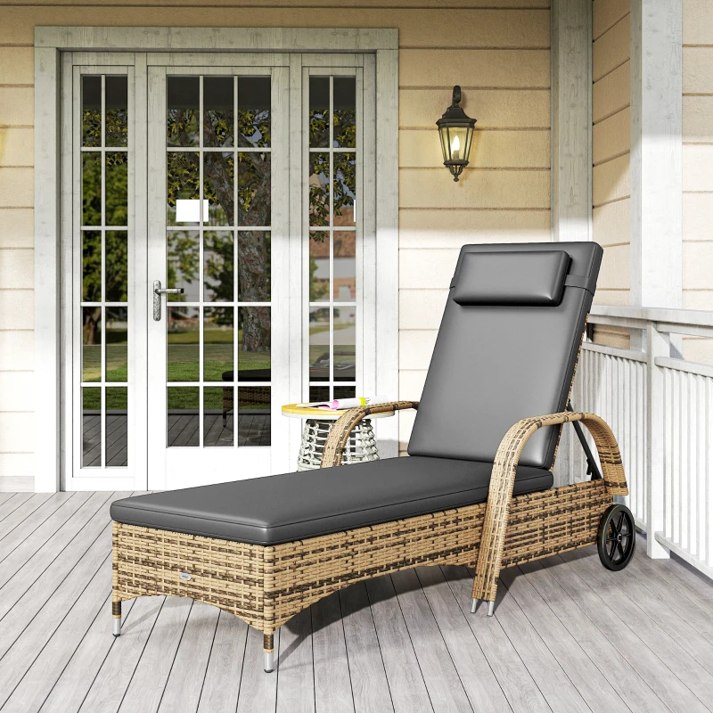 Outsunny Șezlong de soare cu saltea spătar reglabil multipoziții cotiere roți 200 x 73 x 30-103 cm galben