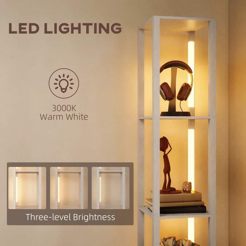 HOMCOM Floor Lamp with Shelves, LED Column Modern Standing Lamp with Fabric Drawer, Adjustable Brightness, Foot Switch for Living Room, Bedroom, Office, White