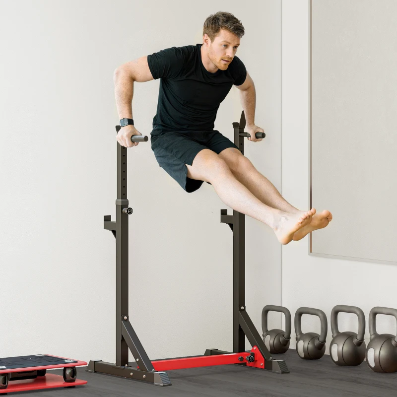 HOMCOM Support pour haltères support de squat barres de support hauteur règlable manivelle à barre parallèle gymnase à la maison acier 77-122 x 73 x 121-171 cm rouge noir