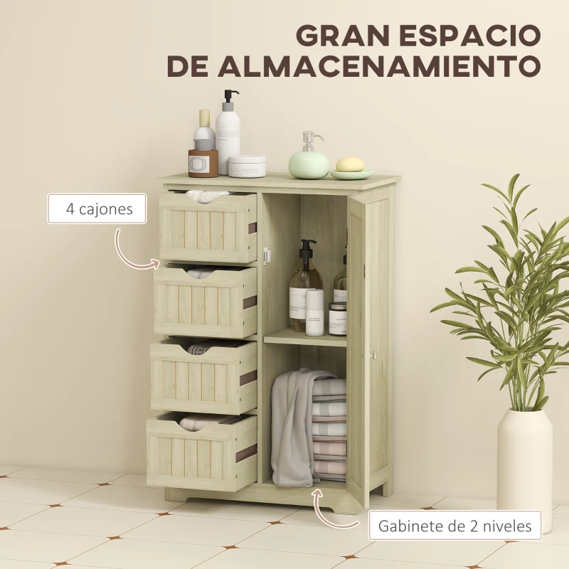 kleankin Armario de Baño Columna de Baño Estrecha con 4 Cajones y Estante Ajustable Estilo Moderno 56x30x83 cm Madera Natural