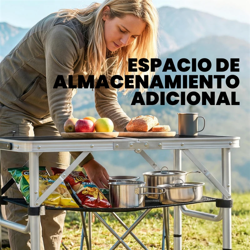 Outsunny Mesa Plegable Camping 60x40x60 cm con Altura Ajustable en 4 Niveles Red de Almacenamiento Marco de Aluminio Negro