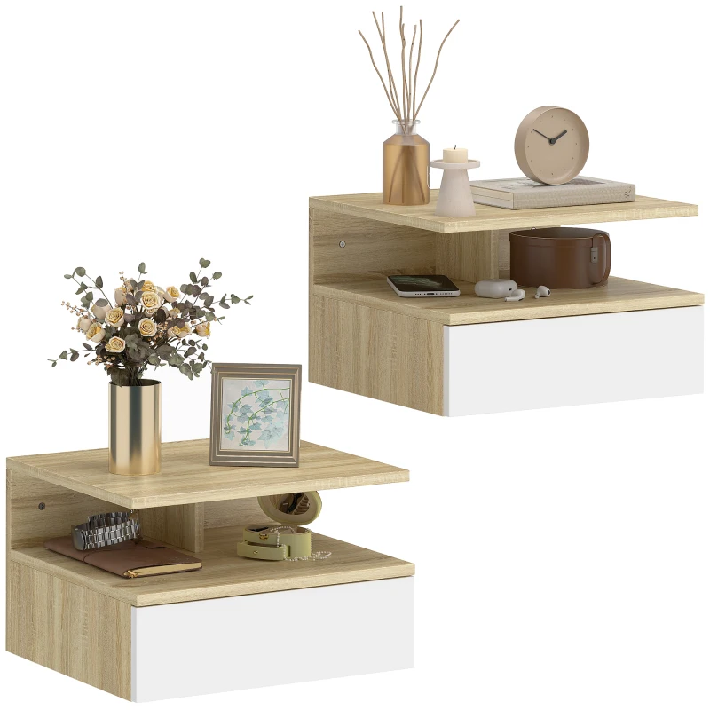 HOMCOM Set de 2 Noptiere Suspendate cu Sertar și Poliță Superioară, din PAL, 35x32x22,5 cm, Alb și Stejar