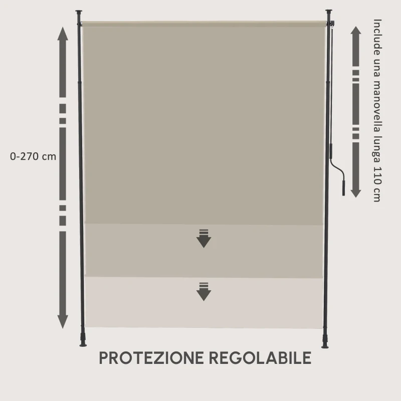 Outsunny Tendone Laterale, Installazione senza Foratura, Regolabile in Altezza, con Manovella, Telaio Metallico, colore Sabbia, 2 x 2.15-3.05 m