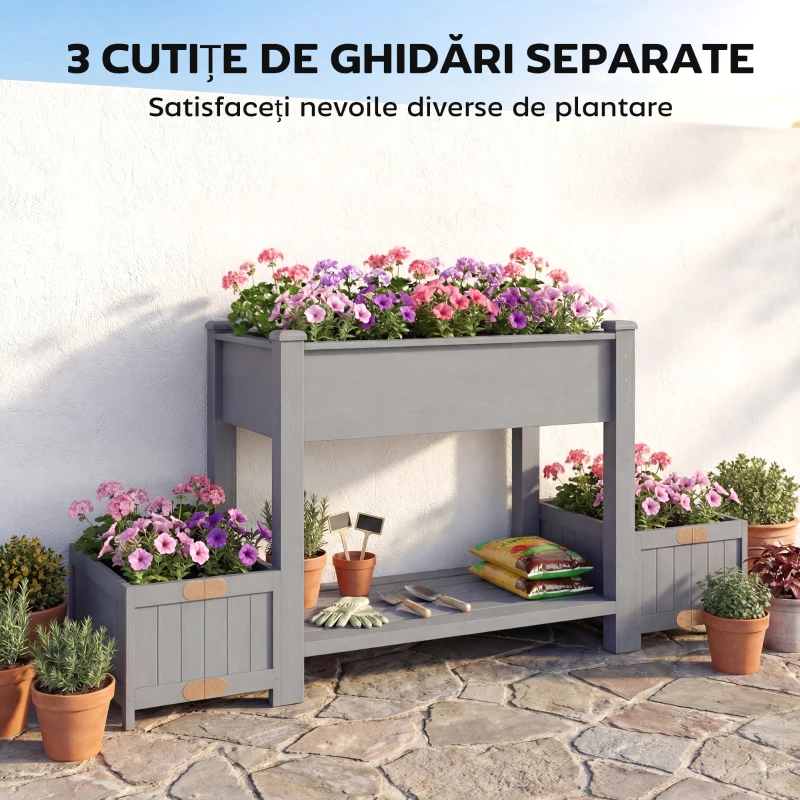 Outsunny Jardinieră Ridicată cu 2 Ghivece Laterale și Raft pentru Unelte, din Lemn de Brad, 149x46x76 cm, Gri