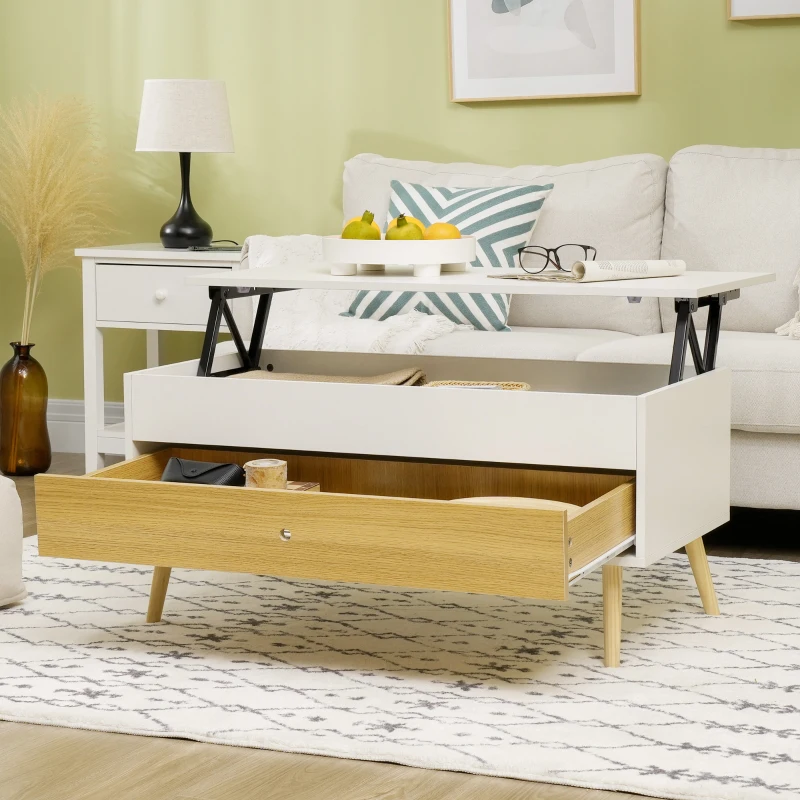 HOMCOM Table basse rectangulaire avec plateau relevable 1 tiroir coffre en bois dim. 100L x 50l x 49H cm bois clair et blanc