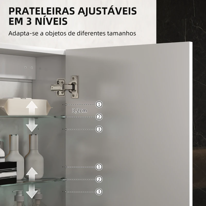 HOMCOM Armário de Casa de Banho Parede com Prateleiras Ajustáveis de Vidro Temperado 40x15x55 cm Branco Brilho