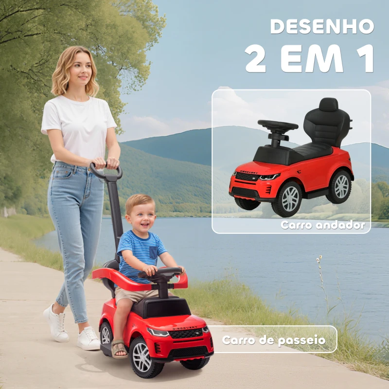 AIYAPLAY Carro Andador 2 em 1 para Crianças Land Rover Discovery com Buzina Pega de Empurrar e Barra Removíveis 84x40x94,5 cm Vermelho