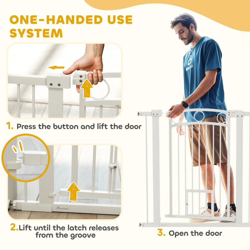 PawHut 96cm Tall Dog Gate with Cat Door, 7cm and 14cm Extensions, for Stairs & Doorways, 76-104cm Width