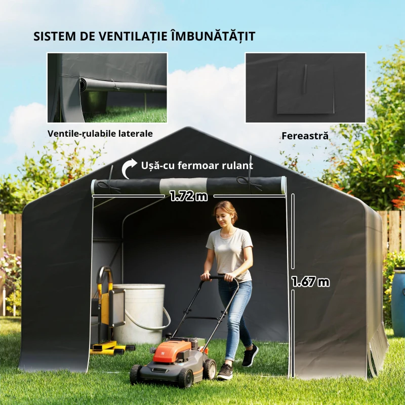Outsunny Magazie de grădină portabilă, cort pentru biciclete, ușă rulabilă cu fermoar, cadru metalic, depozitare versatilă, gri închis