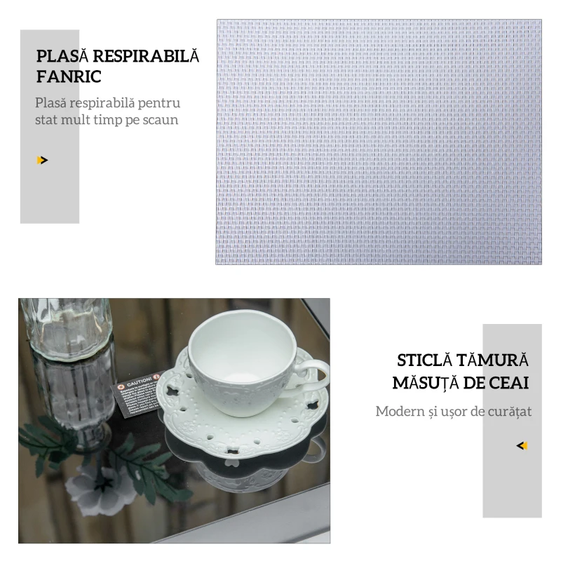 Outsunny Set de 2 șezlonguri și măsuță cu blat din sticlă, 59x169x66 cm, gri deschis