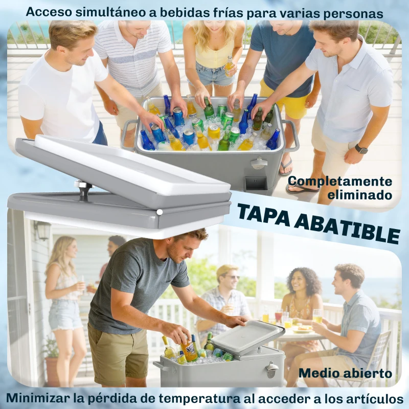 Outsunny Carrito Nevera de 76L con Ruedas Estante Abrebotellas Recogetapas Drenaje y 2 Asas para Patio Fiesta 92x39x81 cm Plata